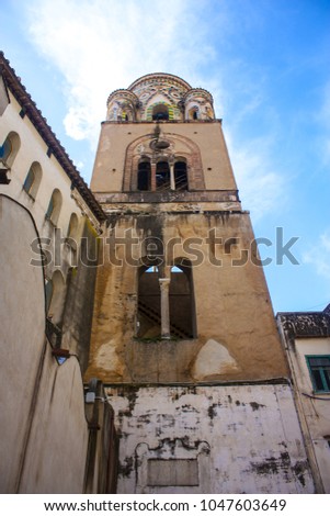 View of Bell tower from inner patio of Cathedral of Saint Andrew in Amalfi, Italy