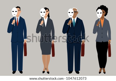 Diverse job candidates hiding behind masks as a metaphor for eliminating bias in hiring process, EPS 8 vector illustration Royalty-Free Stock Photo #1047612073