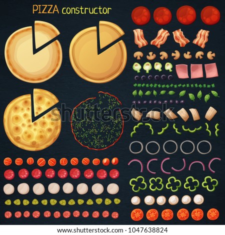 Pizza constructor cartoon vector illustration. Fresh ingredients on black chalkboard background for adding to dough base