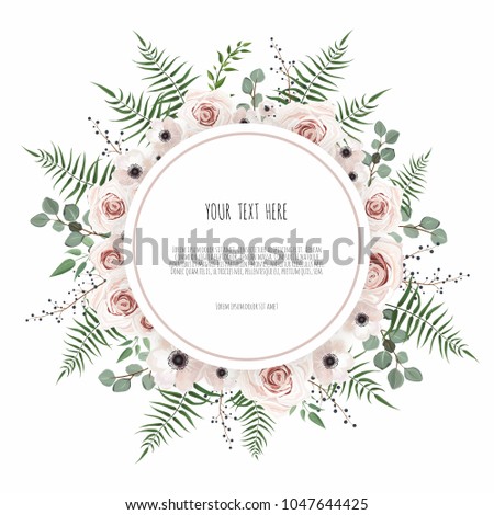 Floral wreath with green eucalyptus leaves, flower rose, anemone . Frame border with copy space. eps10