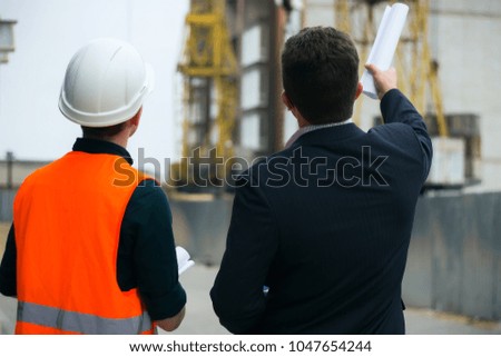 boss or Chief shows a construction project and how to build to engineer. Business modern background