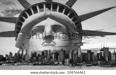 photo new york city black and white hi contrast . new york cityscape skyline with statue of liberty over hudson river. nyc usa america landmark. midtown Manhattan new york