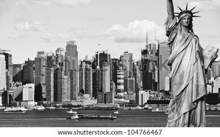 photo new york city black and white hi contrast with statue of liberty over hudson river. nyc skyline cityscape.
