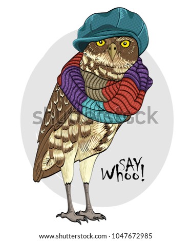 Vector owl with green cap and scarf. Hand drawn illustration of dressed owl.
