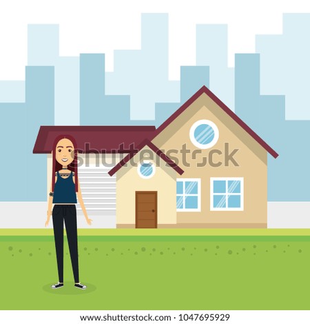 young woman outside house