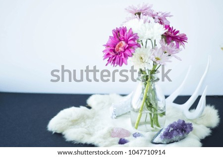 Bouquet of Flowers pink and white with feathers on white background