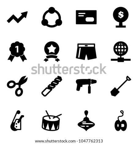 Solid vector icon set - growth arrow vector, community, envelope, money tree, gold medal, star, swimsuit, globe, scissors, drill, machine, shovel, winch, drum, wirligig toy, yoyo