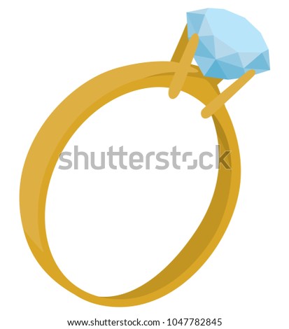 Golden Ring with Big Diamond Flat Vector Illustration Isolated on White