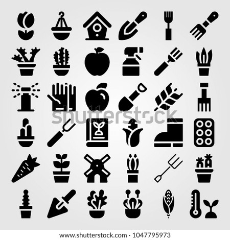 Garden icons set. Vector illustration cactus, book, thermometer and windmill