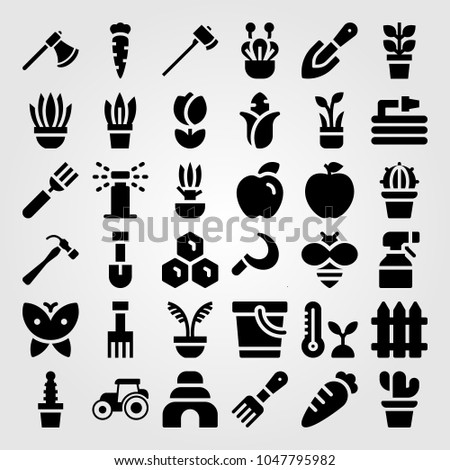 Garden icons set. Vector illustration bee, honeycomb, garden fork and fence