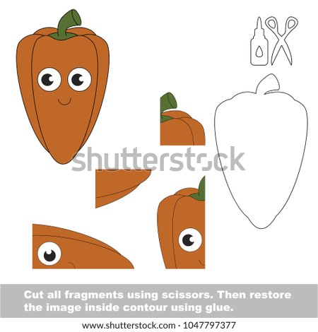 Use scissors and glue and restore the picture inside the contour. Easy educational paper game for kids. Simple kid application with funny red paprika
