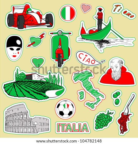 Set of the doodle sketches. Italy travel icons.