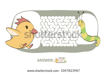 Children's maze with chicken and worm. Cute puzzle game for kids, vector labyrinth illustration.