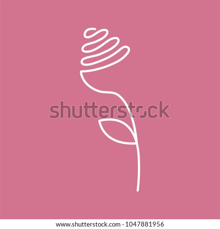 Continuous line drawing rose with leaf - abstract modern logo or decoration. Single outline of flower form. Fancy vector illustration of blossom isolated on pink background.