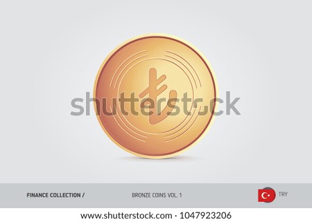 Bronze coin. Realistic bronze Turkish Lira coin. Isolated object on background. Finance concept for websites, web design, mobile app, infographics.