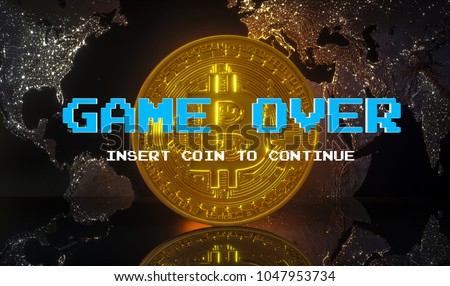 Cryptocurrency - Bitcoin BTC  virtual money on world map background - game over, crash. Royalty-Free Stock Photo #1047953734