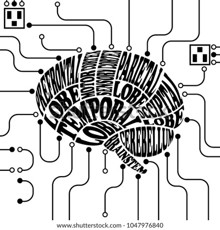 Vector illustration of typography parts of the Brain micro chip monochrome color 