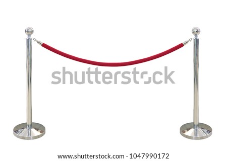 Red tape mobile fences in front of the entrance isolated on white background Royalty-Free Stock Photo #1047990172
