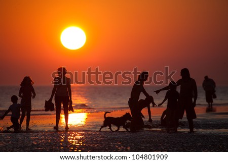 Families playing on a beach at sunset Royalty-Free Stock Photo #104801909