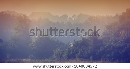 Morning mist in the meadow. Spring season, in the countryside. Panoramic and web banner format.
