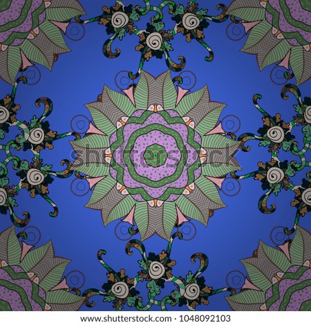 Vector colored design abstract mandala sacred geometry illustration on a blue, neutral and green colors.