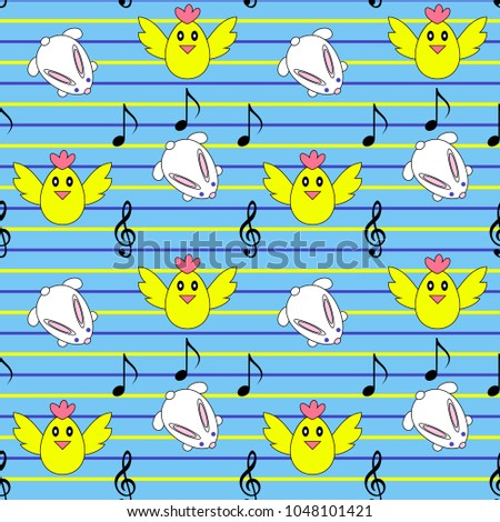 Happy Easter blue and yellow cartoon style bunny and chicken seamless pattern