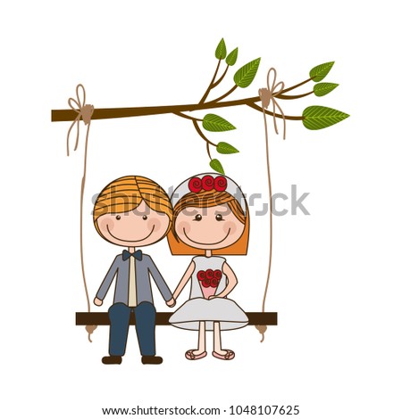 colorful caricature married couple in love sit in swing hanging from a branch