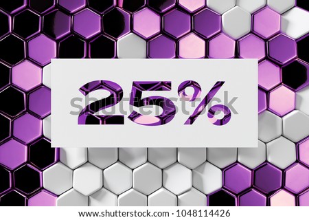 White Paper Cut 25% Symbol on the Candy Purple Honeycomb Grid Background. 3D Illustration of 25% Symbol Sale, Twenty-Five Percent Off Symbol on Hexagon Grid Layout.