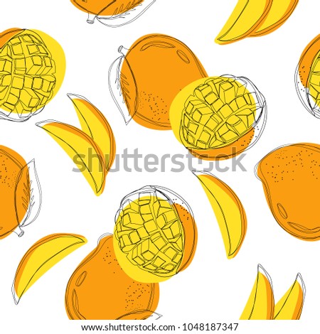 Mango hand drawn seamless pattern on white background, continuous line drawing