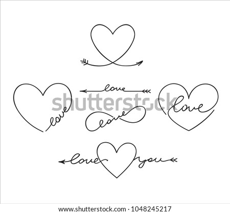 Cute outlined tatoo lettering with romantic words about love and hearts shapes, arrow, infinity symbol. Royalty-Free Stock Photo #1048245217