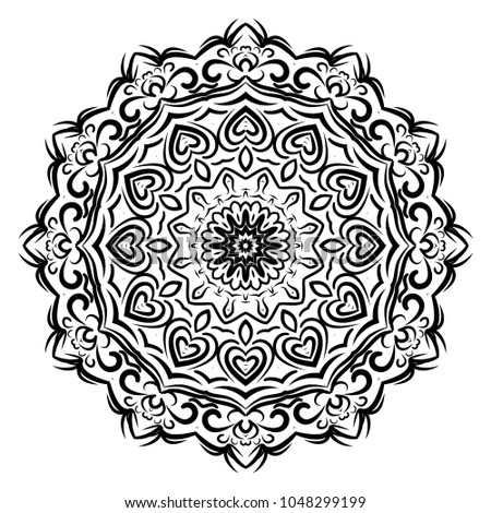 Circle floral ornament. Flower mandala. Vector illustration, black and white color