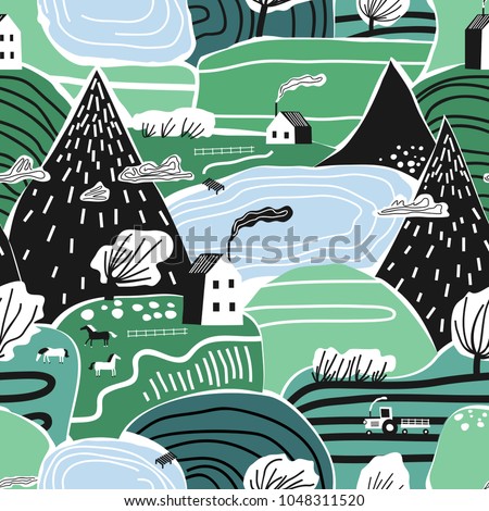 Hand drawn vector abstract scandinavian graphic illustration seamless pattern with house,trees and mountains. Nordic nature landscape concept. Perfect for kids fabric, textile, nursery wallpaper. Royalty-Free Stock Photo #1048311520