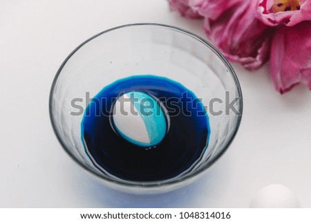 painting eggs for easter in blue color on white table with tulips