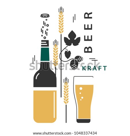 Beer bottle and a glass. Vector linear icons with traditional ingredients of brewing. Hop, wheat. Illustration for the brewery, pub, menu, label, brochure, booklet. Set of isolated elements.