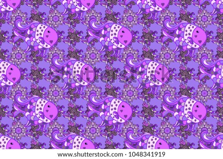 Kids background.Fishes on violet, neutral and purple. Seamless pattern with fish. Cute fish. Raster illustration.
