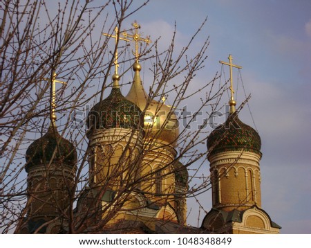 The domes with golden crosses of the Christian Church and branches of trees with buds on blue sky background, spring. Orthodox Church in the old Russian style. Architectural monument of Moscow