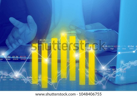 Businessman on digital stock market financial positive indicator background. Double exposure of growth digital futuristic chart computer stock market financial. investor wall street digital technology