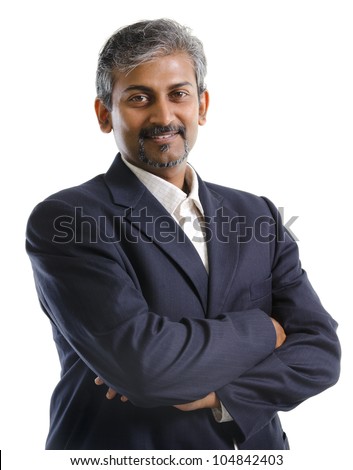 Good looking mature Asian Indian male with business suit isolated on white background Royalty-Free Stock Photo #104842403