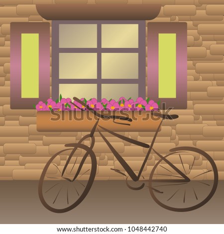 Brown city bike stands near the window with a pink flovers
