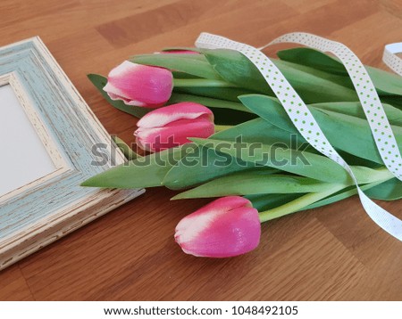 Pink tulips with ribbon and vintage picture frame, Spring flowers, Love, Holiday