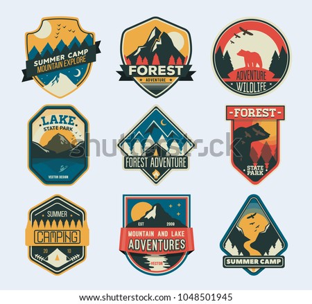Set of isolated badges with mountain peaks and forest camp. Camp Patches. Badge for forest camping, exploration camp, tourism extreme sport club. Wild travel sticker. Landscape of rocks, national park Royalty-Free Stock Photo #1048501945