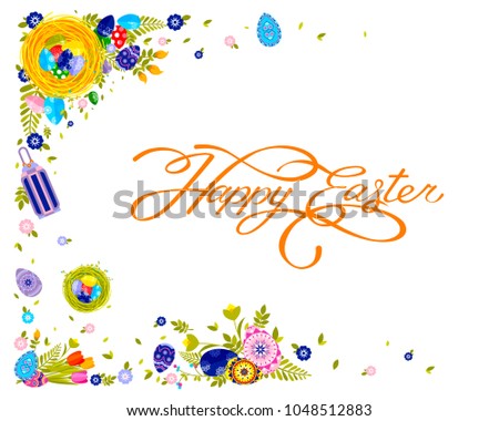 Stock vector isolated banner inscription hand lettering calligraphy typography Happy Easter nest with colored eggs, spring tulip flowers and leaves decoration element design on white background
