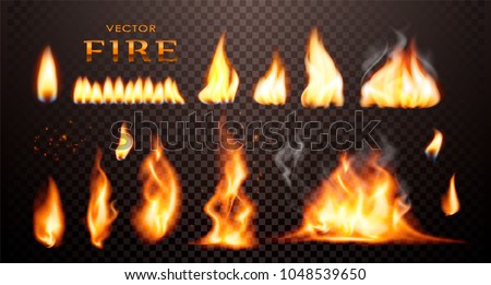 Realistic flame, vector 3d Fire collection, red lights, sparks, isolated on trensparent background.