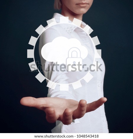 Businessman push button cloud lock gear engineering icon internet network.