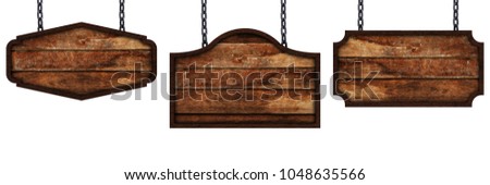 Collection of various wooden signs with chain isolated on white background. Objects clipping path for design work