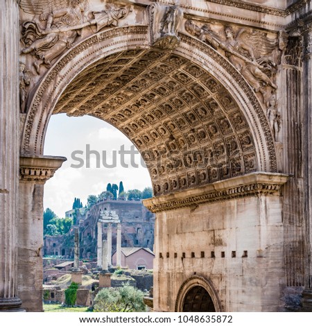 Roman Forum, The Arch of Septimius Severus in Rome.
The Triumphal Arch of Emperor Septimius Severus, Roman forum, Rome, Italy.
 Royalty-Free Stock Photo #1048635872