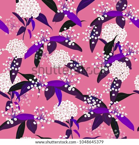 Summer sweet Seamless White Hydenyear flowers Pattern Isolated on pink  color.  Botanical Floral Decoration Texture. Hand drawing Design for Fabric Print, Wallpaper Background.