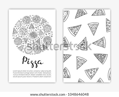 Card templates with hand drawn outline pizza. Used clipping mask.