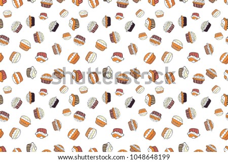 Raster illustration. Wrapping paper. Cream. Seamless pattern with sweet desserts. Endless pattern, white, orange and black background. White, orange and black color.