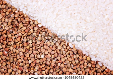 Low carbohydrates in assortment, oat, rice, beans, buckwheat and chickpeas, top view, selective focus. Healthy food concept Royalty-Free Stock Photo #1048650422